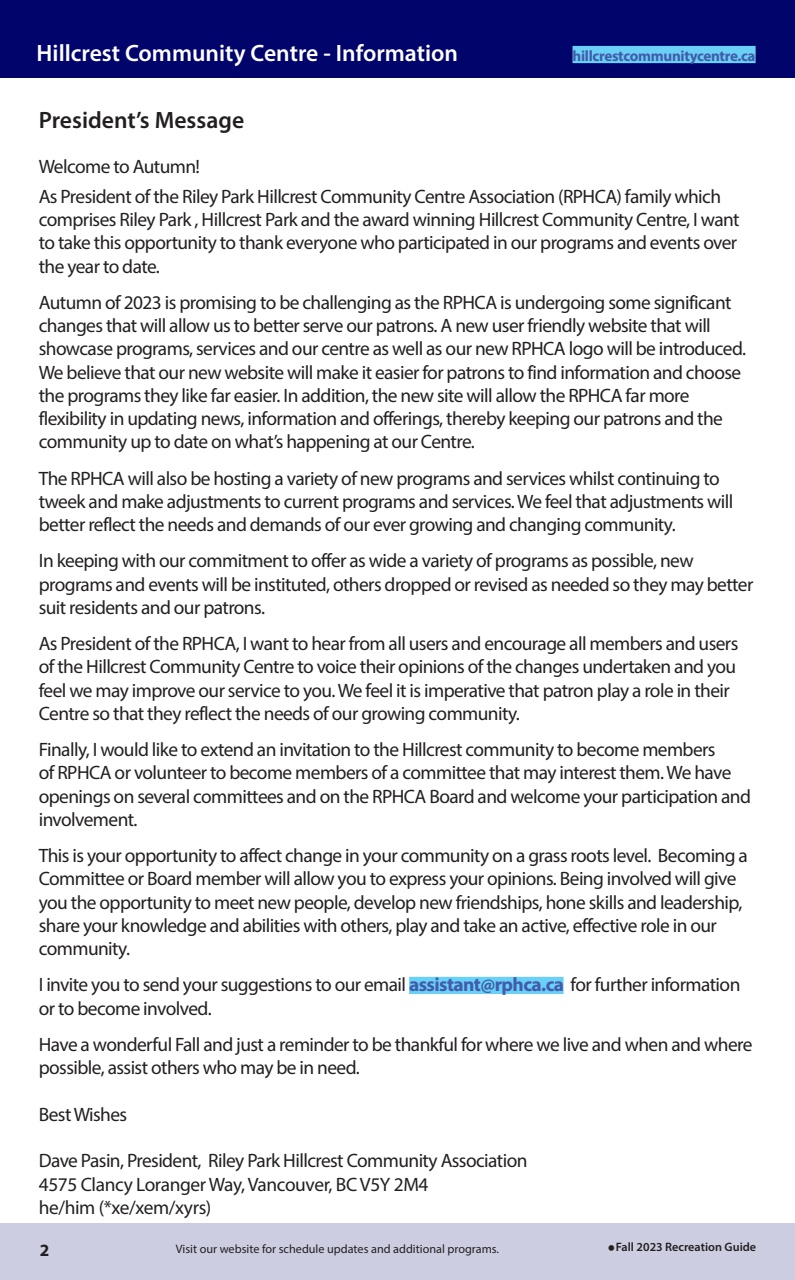 Hillcrest Community Centre Recreation Guide