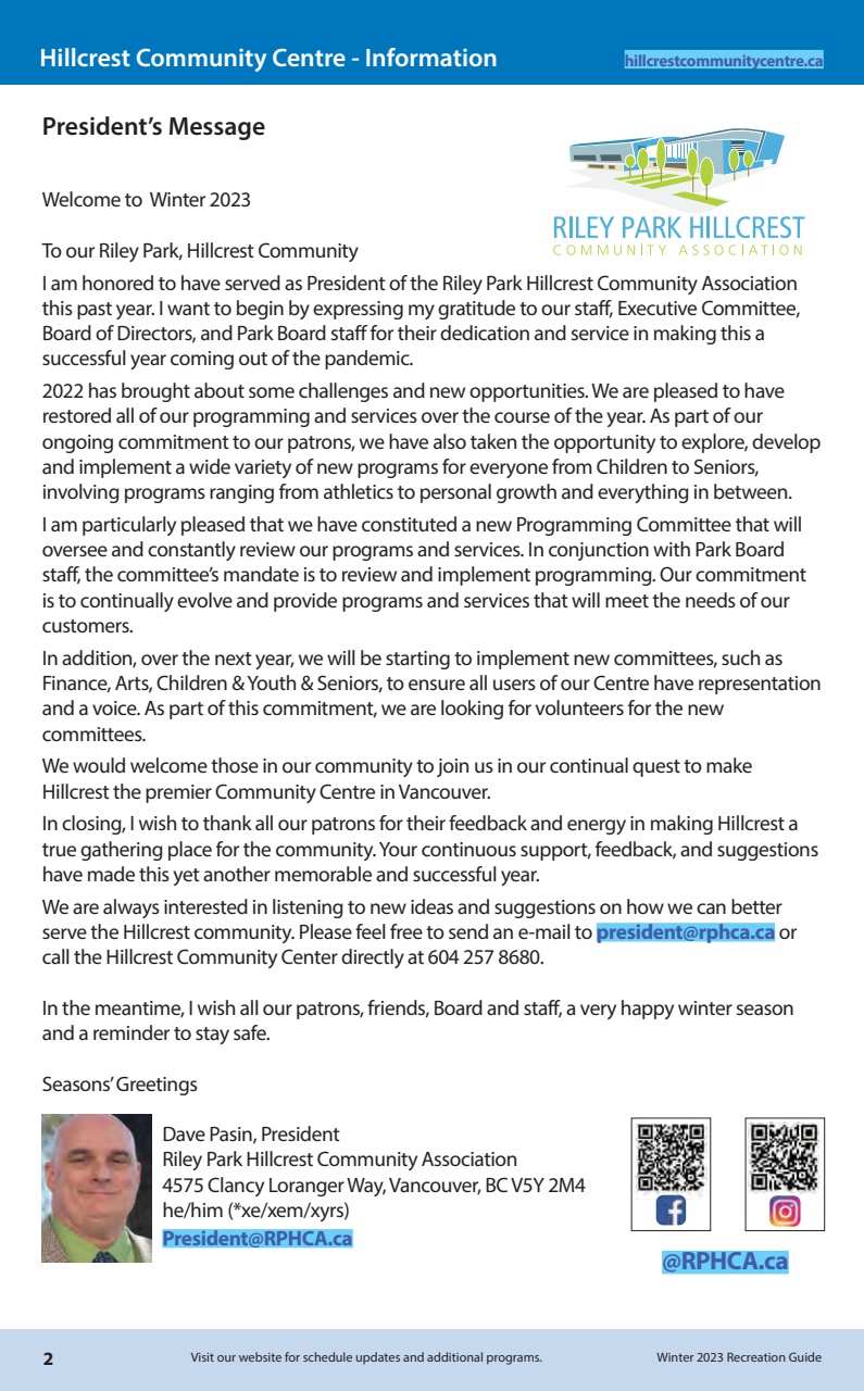 Hillcrest Community Center - Winter 2023 Program Guide